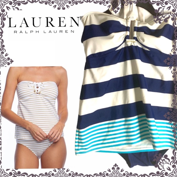Lauren Ralph Lauren Bandeau Tankini Blue White 8 - Picture 1 of 8